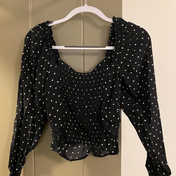 H&M Gathered Crêped Top Black and White Polka Dot - Picture 3 of 6